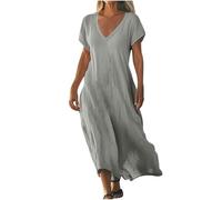 2025 Robe D'été pour Femme Robes en Coton Lin Manches Courtes Robe de Plage Décontractée à Col en V Chic et Elegant Jupe Lâche et Respirant Couleur Unie Boho Ete Mi-Longue Dress Robes de Soleil