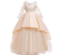 2025 Robe Enfant Fille Brodé Jupe Manches Longues Col en Rond Robes Mariage Anniversaire Cake Smash Robe de Soirée Princesse Fête Dress d'anniversaire Ceremonie Mariage Fête 5-14 Ans