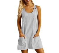 2025 Robe Ete Femme à Rayures- Robe De Plage sans Manches avec Boutons Bretelles Col en U Mini Casual Classiques Simple Comfortable Chic Et Élégants De Tous Les Jours Passe-Partout Dress