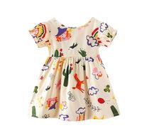 2025 Robe Ete Fille Robes d‘été Manches Courtes Enfants Coton Loisir Robe Col Rond Élégante Léger Fluide Robes de Fête pour Filles Dress Pas Cher 2-8 ans