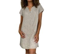 2025 Robe Femme Chic et Elegant Ete Robe en Coton Lin pour Femmes Robes Tunique D'Été Mi Longue decontractée Casual Dress Droite Robes de Soiree Plage Vacances Confortable Léger Dress Pas Cher