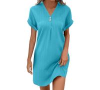 2025 Robe Femme Ete Lin Coton Tunique Robe Manches Courtes Ample Casuel Couleur Unie Robes de Plage à Col en V Chic et Elegant Robes avec Boutons Pas Cher Grandes Tailles Dress pour FêTe Vacances