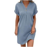 2025 Robe Femme Ete Lin Coton Tunique Robe Manches Courtes Ample Casuel Couleur Unie Robes de Plage à Col en V Chic et Elegant Robes avec Boutons Pas Cher Grandes Tailles Dress pour FêTe Vacances