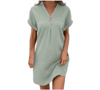 2025 Robe Femme Ete Lin Coton Tunique Robe Manches Courtes Ample Casuel Couleur Unie Robes de Plage à Col en V Chic et Elegant Robes avec Boutons Pas Cher Grandes Tailles Dress pour FêTe Vacances