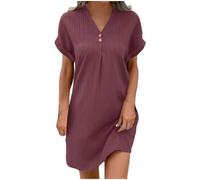 2025 Robe Femme Ete Lin Coton Tunique Robe Manches Courtes Ample Casuel Couleur Unie Robes de Plage à Col en V Chic et Elegant Robes avec Boutons Pas Cher Grandes Tailles Dress pour FêTe Vacances