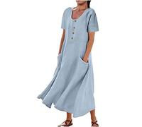 2025 Robe Femme Ete Mi Longue Coton Lin Robe de Travail Chic et Elegant Décontractée Robes d Ete Femme Coton et Lin Manche Courte Vêtements Femmes Cotton en Line Max Robes Chemise de Plage Pas Cher