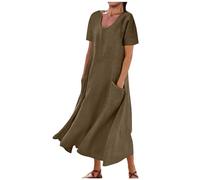 2025 Robe Femme Ete Mi Longue Coton Lin Robe de Travail Chic et Elegant Décontractée Robes d Ete Femme Coton et Lin Manche Courte Vêtements Femmes Cotton en Line Max Robes Chemise de Plage Pas Cher