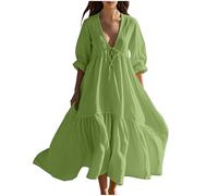 2025 Robe Femme Lin Été Longue Robes Décontracté à Manches Courtes Couleur Unie Robes Chic et Elegant Col V Robe Tunique Femmes Boheme Jupe Dress de Plage Linen Dresses d'été en Lin et Coton Pas Cher