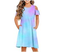 2025 Robe Princesse Fille été Manches Courtes Dégradé de Couleurs Robe Tunique Enfant Fille Chic et Elegant Léger Fluide Casual Soirée Ceremonie Vacances Dress pour filles 3-14 Ans