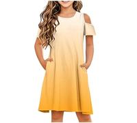 2025 Robe Princesse Fille été Manches Courtes Dégradé de Couleurs Robe Tunique Enfant Fille Chic et Elegant Léger Fluide Casual Soirée Ceremonie Vacances Dress pour filles 3-14 Ans