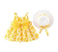 2025 - Robe tutu d'été pour bébé fille sans manches décontractée motif floral dos nu robe de princesse jupe avec chapeau de paille mode plage belle pour les filles, jaune, 6-12 mois