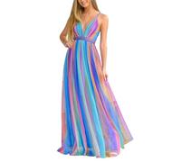 2025 Robes Printemps et été Européennes et Frontières Commerce Extérieur Femmes Frontière Bretelle Col V Profond en Mousseline de soie Robe porte-jarretelles arc-en-ciel, rose vif, XXL