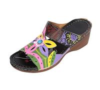 2025 Sandales Orthopédiques pour Femmes Mules en Cuir Bohême Bout Ouvert Plateforme Pantoufles Compensées Pas Cher Chaussons D'été Confortables Respirantes Sandales Vintage Mode Chaussures de Plage