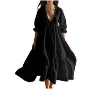 2025 Solde Robe Longue en Lin Femme Été Robes Décontracté à Manches Courtes Couleur Unie Robes Chic et Elegant Col V Robe Tunique Femmes Boheme Jupe Dress de Plage Linen Dresses d'été Pas Cher