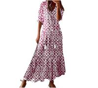 2025 Soldes Robe de Plage Femme Ete Fleurie Col en V Manches Courtes Robes Longue Ete Fluide Robe D'été Décontractée Imprimé Floral Vacances Maxi Dress Chic et Elegant Habillée Dresses Mi-Longue