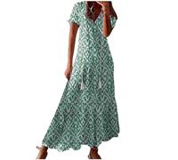 2025 Soldes Robe de Plage Femme Ete Fleurie Col en V Manches Courtes Robes Longue Ete Fluide Robe D'été Décontractée Imprimé Floral Vacances Maxi Dress Chic et Elegant Habillée Dresses Mi-Longue