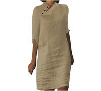 2025 Soldes Robe en Lin Femme Boheme Robes d'été en Lin Robe Décontractée à col en V Robe Midi à Manches Courtes Robe à Ligne en A Robe Tunique pour Le Soleil sans Accessoires Vetement en Lin