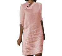 2025 Soldes Robe en Lin Femme Boheme Robes d'été en Lin Robe Décontractée à col en V Robe Midi à Manches Courtes Robe à Ligne en A Robe Tunique pour Le Soleil sans Accessoires Vetement en Lin