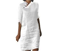 2025 Soldes Robe en Lin Femme Boheme Robes d'été en Lin Robe Décontractée à col en V Robe Midi à Manches Courtes Robe à Ligne en A Robe Tunique pour Le Soleil sans Accessoires Vetement en Lin