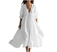 2025 Soldes Robe Femme Lin Été Longue Robes Décontracté à Manches Courtes Couleur Unie Robes Ete Chic et Elegant Col V Robe Tunique Femmes Boheme Jupe Dress de Plage Linen Dresses en Lin Pas Cher