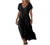 2025 Soldes Robe Femme Lin Été Longue Robes Décontracté à Manches Courtes Couleur Unie Robes Ete Chic et Elegant Col V Robe Tunique Femmes Boheme Jupe Dress de Plage Linen Dresses en Lin Pas Cher