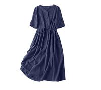 2025 Soldes Robe Lin Femme Été Chic Elegante Max Dress Manches Courtes Décontracté A-Linie Swing Robe de Plage Couleur Unie Léger et Respirant Robes Midi Longue Tunique Fluide Dresses Pas Cher