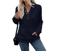 2025 Sweat à capuche en tricot jacquard à manches longues surdimensionné en tricot torsadé avec cordon de serrage à la taille, bleu marine, M