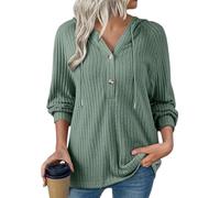 2025 Sweat à capuche pour femme en tricot brossé rayé avec cordon de serrage et col en V à manches longues, Vert, M