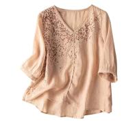 2025 T-shirt d'été pour femme avec bordure en dentelle brodée, bohème, coupe ample, chemisier tunique confortable en coton et lin, haut à manches mi-longues, haut élégant pour femme, Rose, L