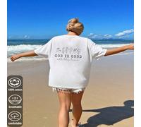 2025 T-shirt imprimé blanc pour femmes, "Dieu est bon" imprimé, style casual, 100% coton, tissu respirant, coupe confortable, tenue d'été, doux pour la peau et durable. L,M,S,XL,XXLLettresCoton