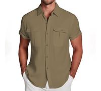 2025 T-shirt uni décontracté pour homme à double poche à manches courtes élégante chemise boutonnée chemise formelle chemise sur pantalon homme, marron, S