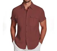 2025 T-shirt uni décontracté pour homme à double poche à manches courtes élégante chemise boutonnée chemise formelle chemise sur pantalon homme, rouge, XL