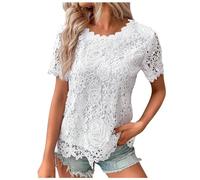 2025 T-Shirts à Manches Courtes Femme Sexy- Haut Dentelle Col Rond Crochet Double Épaisseur Ample Couleur Unie Top Décontracté Tendance Été Élégants Chemise Slim Banquet Blouse Chic Tunique