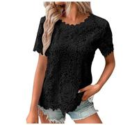 2025 T-Shirts à Manches Courtes Femme Sexy- Haut Dentelle Col Rond Crochet Double Épaisseur Ample Couleur Unie Top Décontracté Tendance Été Élégants Chemise Slim Banquet Blouse Chic Tunique
