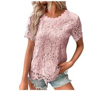 2025 T-Shirts à Manches Courtes Femme Sexy- Haut Dentelle Col Rond Crochet Double Épaisseur Ample Couleur Unie Top Décontracté Tendance Été Élégants Chemise Slim Banquet Blouse Chic Tunique