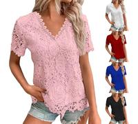 2025 T-Shirts à Manches Courtes Femme Sexy- Haut Dentelle Col Rond Crochet Double Épaisseur Ample Couleur Unie Top Décontracté Tendance Été Élégants Chemise Slim Banquet Blouse Chic Tunique