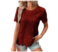 2025 T-Shirts à Manches Courtes Femme Sexy- Haut Dentelle Col Rond Crochet Double Épaisseur Ample Couleur Unie Top Décontracté Tendance Été Élégants Chemise Slim Banquet Blouse Chic Tunique
