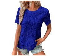 2025 T-Shirts à Manches Courtes Femme Sexy- Haut Dentelle Col Rond Crochet Double Épaisseur Ample Couleur Unie Top Décontracté Tendance Été Élégants Chemise Slim Banquet Blouse Chic Tunique