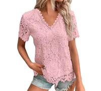 2025 T-Shirts à Manches Courtes Femme Sexy- Haut Dentelle Col Rond Crochet Double Épaisseur Ample Couleur Unie Top Décontracté Tendance Été Élégants Chemise Slim Banquet Blouse Chic Tunique