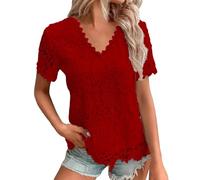 2025 T-Shirts à Manches Courtes Femme Sexy- Haut Dentelle Col Rond Crochet Double Épaisseur Ample Couleur Unie Top Décontracté Tendance Été Élégants Chemise Slim Banquet Blouse Chic Tunique