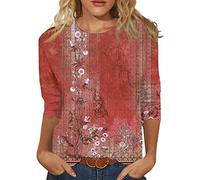 2025 - T-shirts confortables pour femmes, été, col rond, manches trois-quarts, chemisier confortable à imprimé floral, pull norvégien pour femme, rose vif, XL