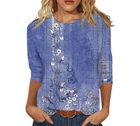 2025 - T-shirts confortables pour femmes, été, col rond, manches trois-quarts, chemisier confortable avec imprimé floral pull norvégien pour femme, lilas, XL