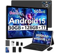 2025 Tablette Android 15 10" Écran IPS HD | 30Go RAM 128Go + TF 1To | Octo-Core 8000mAh | Wi-Fi 6 | Widevine L1 | Caméra 8MP+5MP | Châssis en métal | Tablet tactile avec Clavier et Souris | Noir