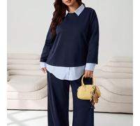 2025 Tenue décontractée pour l'automne/hiver, ensemble chemise rayée polyvalente superposée avec sweat-shirt et pantalon, coupe ample, bleu marine, grande taille 2 pièces 0XL,1XL,2XL,3XL,4XLUnicoloreÉ