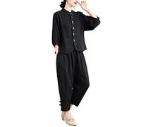2025 Tenue D'été 2 Pièces De Style Chinois Pour Femmes, Ensemble Décontracté En Coton Et Lin Avec Haut À Manches Longues Et Pantalon Sarouel À Jambe Large(Black,XL)