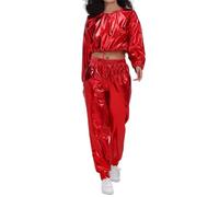 2025 - Tenues de carnaval pour femme, manches longues, brillantes, métallisées, hauts, sweatshirts, clubwear, tenues de fête, tendances pour adolescentes et filles, rouge, L