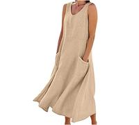 2025 Ventes Flash Robe Longue en Lin Femme Été Robes Décontracté Couleur Unie Robes Chic et Elegant Col V Robe Tunique Femmes Boheme Jupe Dress de Plage Linen Dresses d'été Mi-Longue Dress Pas Cher
