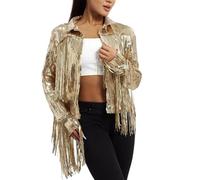 2025 Veste à paillettes scintillantes pour femme - Pompon brillant à paillettes - Ourlet à franges - Veste disco - Veste à franges à paillettes - Manteau - Style streetwear des années 90 - Doublé, or