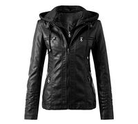 2025 Veste en Cuir Femme Grande Taille- Veste Moto Manche Longue à Capuche Coupe Slim avec Zippée Et Poches Casual Vintage Sweat Couleur Unie Chic Et Élégants Tempérament Passe-Partout Manteau