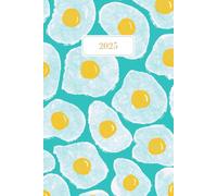 2025 weekly and monthly planner, week to view, month views, goals pages, 6" by 9" diary, for work, education or home use, fried egg pattern: blue background with fried egg pattern